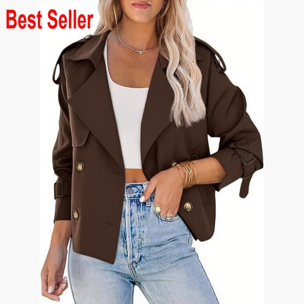 Cropped Trench Coat Double-Breasted Short Jacket Polyester Blend